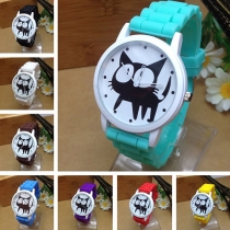 Fashion Silicone Watch Band Cat Pattern Round Dial Quartz Watch