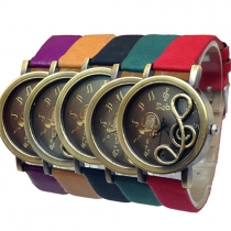 Fashion PU Leather Watch Band Hollow Out Musical Note Round Dial Quartz Watch
