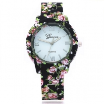 Fashion Floral Print Watch Band Round Dial Quartz Watch