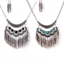 Retro Style Tassel Leaves Necklace + Earrings Two-piece Set