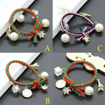 Fashion Faux Pearl Rhinestone Crown Tower Constract Color Braided Hair Tie 