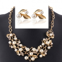 Fashion Rhinestone Pearl Leaves Necklace + Stud Earring Set