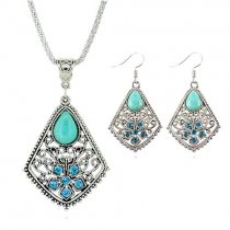 Retro Style Turquoise Water-drop Shaped Necklace + Earrings Set