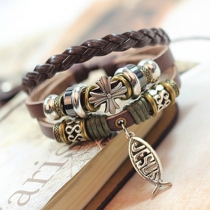 Retro Style Cross Beaded Braided PU Leather Bracelet