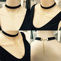 Fashion Rhinestone Tassel Pendant Hollow Out Lace Necklace