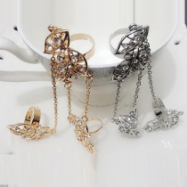 Fashion Chained Rhinestone-Encrusted Leaf Ring Set