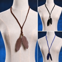 Retro Double Leafs Beaded Braid Faux Suede Necklace