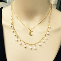 Fashion Layered Faux Pearl Moon Charm Necklace