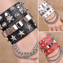 Punk Style Skull Head Rivets Chain PU Leather Bracelet