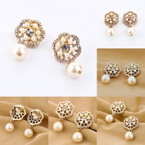 Elegant Style Rhinestone Hollow Out Flower-Shaped Pearl Pendant Earrings