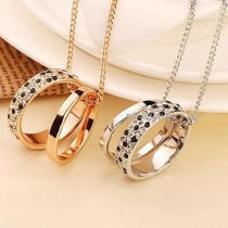 Trendy Black-white Rhinestone Double Rings Pendant Sweater Necklace