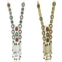 Fashion Retro Colorful Gemstone Tassel Pendant Necklace