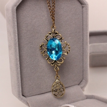 Fashion Retro Hollow Out Gemstone Water-drop Shaped Pendant Necklace