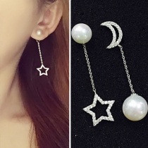 Fashion Pearl Pentagram Moon Shaped Asymmetry Pendant Earring