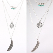 Fashion Leaf Feather Beaded Pendant Multilayer Necklace