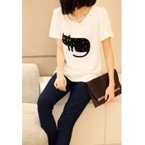 Cute Contrast Color Cartoon Star Black Cat Print Short Sleeve T-Shirt Tops