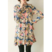 Flok Style Retro Overall Floral Print Long Shirt Dress Blouse