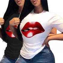 Loose Fitting Sexy Red Lip Print  Short Sleeve T Shirt Tops