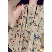 Loose Fitting Sweet Butterfly/Floral Print Pleated Blouse Shirt