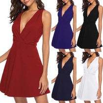 Sexy V-neck Sleeveless High Waist Solid Color Dress