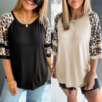 Casual Leopard Print Elbow Sleeve Tops