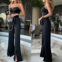 Sexy Rhinestone Slit Wide-leg Black Cami Jumpsuit