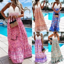Bohemia Style Floral Printed Backless Lace Spliced Halter Maxi Dress