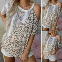 Fashion Leopard Snake Printed Open Shoulder Shirt