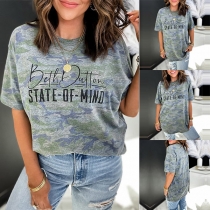 Casual Round Neck Short Sleeve Camouflage Lettered Shirt
