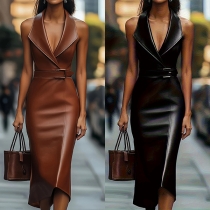 Fashion PU Leather Spliced Notched Lapel Short Sleeve Slim Fit Dress