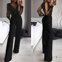 Sexy Sheer Gauze Spliced Long Sleeve Deep V-neck High Waist Jumpsuit