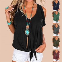 Sexy Off-shoulder Short Sleeve V-neck Knotted Hem Solid Color T-shirt