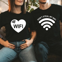 Creative Style Heart WIFI Printed Short Sleeve Round Neck Couple T-shirt