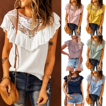 Sweet Style Short Sleeve Round Neck Lace Spliced Ruffle T-shirt