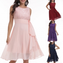 Elegant Solid Color Sleeveless Round Neck Lace Spliced Chiffon Dress