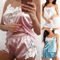 Sexy Backless Lace Spliced Sling Top + Shorts Nightwear Set