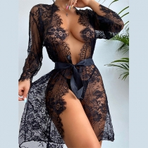 Sexy Deep V-neck Long Sleeve See-through Gauze Nightwear Dress + T-back Lingerie Set