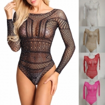 Sexy Long Sleeve Round Neck Rhinestone Spliced Hollow Out Gauze Bodysuit