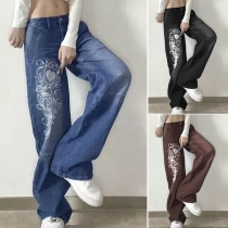 Street-chic Floral Printed Wide-leg Denim Jeans