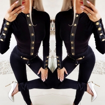 Fashion Long Sleeve Round Neck Solid Color Slim Fit Button T-shirt