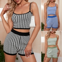 Sexy Sling Plaid Crop Top + High Waist Shorts Two-piece Set