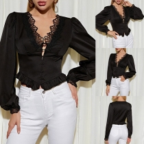 Sexy Lace Spliced V-neck Long Sleeve Solid Color Ruffle Hem Top