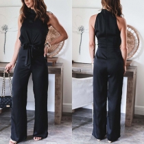 Fashion Solid Color Sleeveless  Mock Neck Wide-leg Jumpsuit
