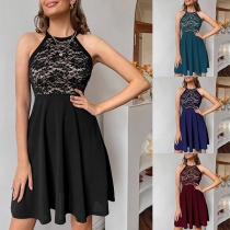Elegant Solid Color Sleelveless Lace Spliced Pleated Mini Dress
