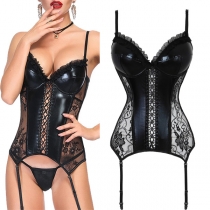 Sexy Lace-up Artifical Leather Spliced Corset Lingerie Set