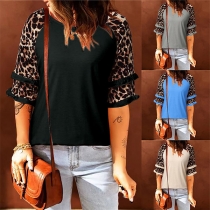 Casual Leopard Printed Elbow-sleeve Round Neck Shirt