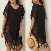 Casual Round Neck Short Sleeve Tassel Crochet Swim Cover-up Shirt