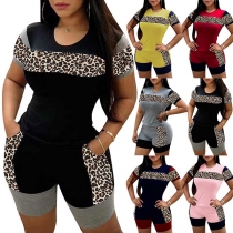 Sporty Leopard Printed Two-piece Set Consist of Short Sleeve Shirt and Pants