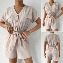 Casual Solid Color Short Sleeve Buttoned Belt-tie Romper