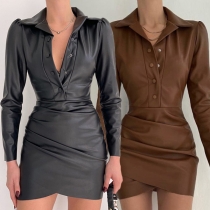 Sexy PU Artificial Leather Polo Neck Long Sleeve Buttoned Irregular Hemline Bodycon Dress